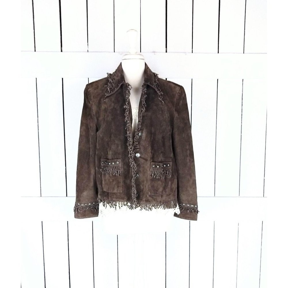 Vintage 90s brown suede leather beaded fringe country western boho jacket
